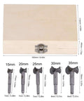 Front view of wooden storage box with metal latch and five hinge jig drill bits (15-35 mm) shown below.