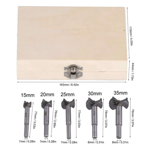 Front view of wooden storage box with metal latch and five hinge jig drill bits (15-35 mm) shown below.