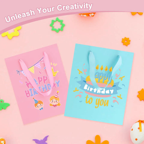 4 Pack Gift Bags With Handles 8 X 5 X 10 Inch Includes 8 Tissue Paper Color Combo Pink Purple Deep Blue Sky Blue Perfect For Birthday Parties Baby Showers Weddings Mothers Day Fathers Day Favors, featuring pink and sky blue bags with birthday designs on a pink background.
