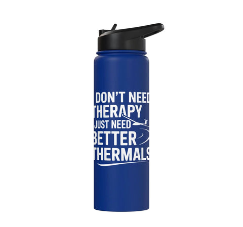 Royal blue insulated stainless steel water bottle for sailplane pilots and glider fans with quote, 1 pack, leak-proof lid.