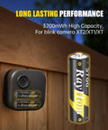 12 Pack Heavy Duty Rechargeable AA Lithium Batteries With Rapid Charger Delivers Beast Mode Power To Your Blink Cameras Video Doorbells And Xbox Stays Crisp In Freezing Or Boiling Heat Without Breaking A Sweat, shown with blink camera and battery.