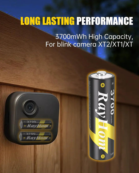 12 Pack Heavy Duty Rechargeable AA Lithium Batteries With Rapid Charger Delivers Beast Mode Power To Your Blink Cameras Video Doorbells And Xbox Stays Crisp In Freezing Or Boiling Heat Without Breaking A Sweat, shown with blink camera and battery.