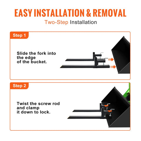 Diagram showing two-step installation of 43 Inch Clamp On Pallet Forks For Tractor Buckets, 2000 Lb Capacity, Heavy Duty Quick Attach Forks For Bucket Loaders And Skid Steers, Built From Durable Steel Tubing With Reinforced Bolts, illustrating the sliding and clamping process.