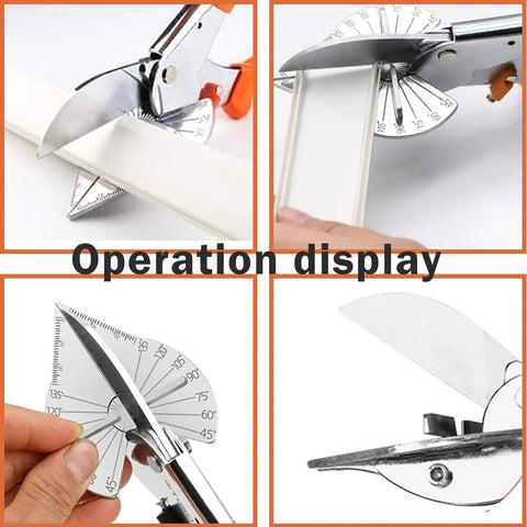 Multi Angle Miter Shear Cutter for Wood PVC and Molding Trim with 45 and 90 Degree Cutting Capability in operation display