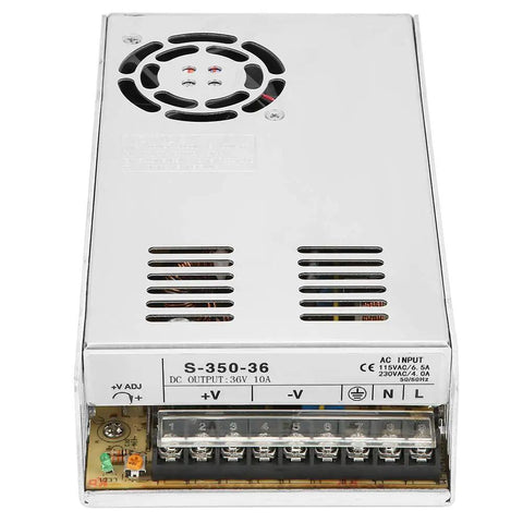Industrial Grade 36V 350W 10A Power Supply For PLC Control And Security Monitoring Ready To Plug In With Overload Protection And Rock Solid Output With Rugged Build For Harsh Environments And Reliable Operation In Industrial Settings, metal case front view