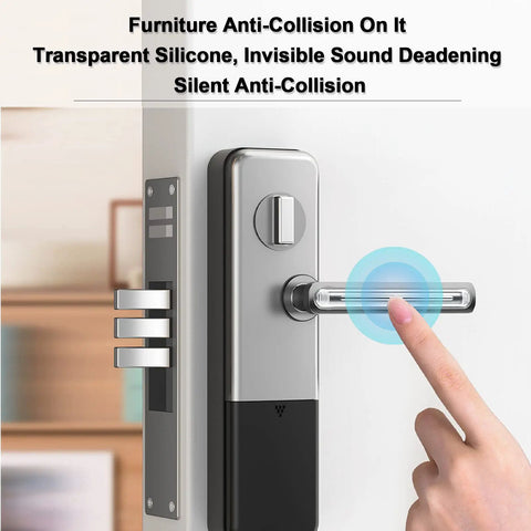 Real Deal Clear Silicone Furniture Bumpers Six Pack With Heavy Duty 3M Adhesive Self Grip Wall Guards For Drawers Chairs Cabinets Doors Kills Rattles Keeps Homes Running Smooth, shown on cabinet door handle.