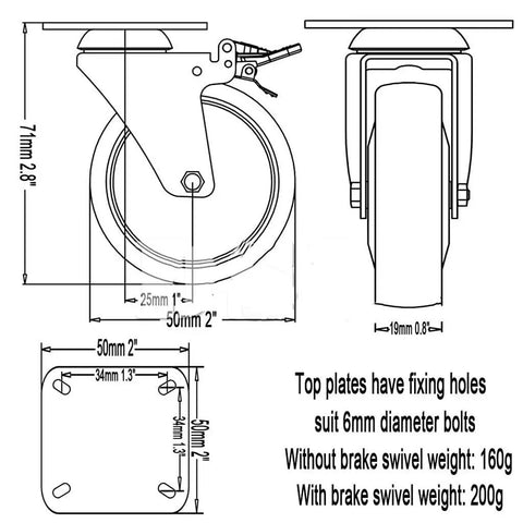 Heavy Duty Swivel Caster Wheels Four Pack With Rock Solid Metal Housing And High Temp Nylon Treads For Carts And Workbenches 2 Inch 360 Rotation 800 Lb Capacity Built To Take A Beating Smooth Ride Guaranteed dimensions and specs diagram.
