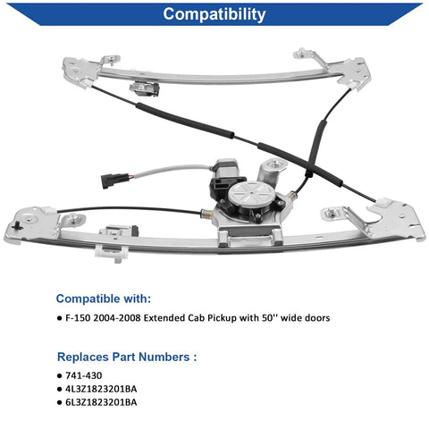 Ford F150 Front Left Window Regulator With Motor For 2004 2005 2006 2007 2008 Extended Cab 50 Inch Doors Replacement OE 741430 4L3Z1823201BA 6L3Z1823201BA Fits Front Driver Side Assembly Ready To Install Plug And Play