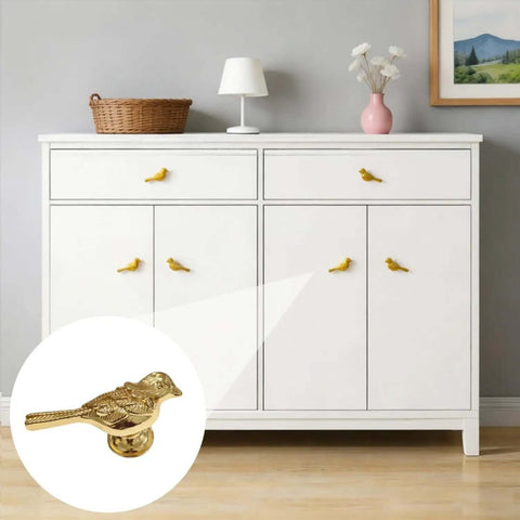 Must Have Bird Shaped Cabinet Knobs Set of 2, Vintage Metal Drawer Pulls on white dresser, gold finish, farmhouse style