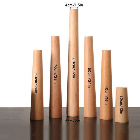 Top Shelf Wooden Furniture Legs Heavy Duty Replacement Riser Feet For Sofas Tables And Cabinets Set Of Four Solid Wood Base Elevators showing wood riser feet in various heights and sizes on a dark table.