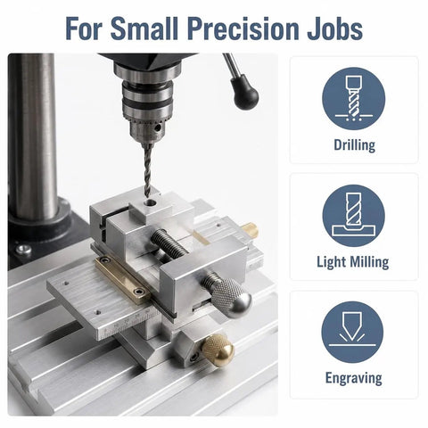 Heavy Duty Precision X Y Cross Slide Table With Vise For Drill Press And Milling, Manual Linear Sliding Stage featuring a drill for precise work.