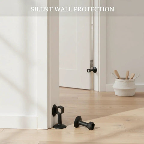 Easy Install No Drill Silicone Door Stopper Bumpers shown on interior door, protecting wall from dents and scratches, 3-pack