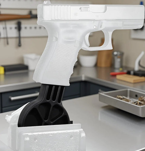 Lockdown Gun Vise Block For AR Rifle And Glock Pistol Heavy Steel Table Fixture securely holding Glock pistol for maintenance.