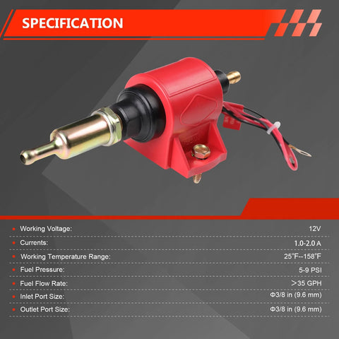 Beefy 12V Fuel Pump Delivers Five To Nine PSI At Thirty Five GPH For Gasoline And Diesel Engines, red casing, 3/8 in fittings