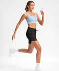 Model wearing Women's 5 Inch Athletic Running Shorts With Quick-Dry Stretch, High Waist, 3 Pockets (Two Front, One Zip) Gym-Ready, in black