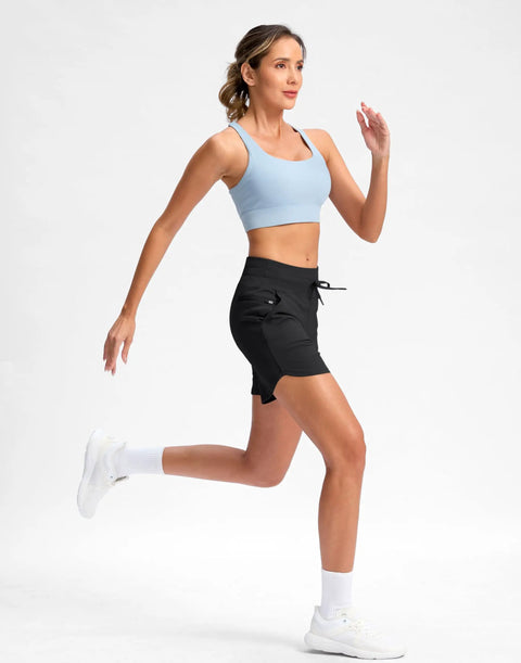 Model wearing Women's 5 Inch Athletic Running Shorts With Quick-Dry Stretch, High Waist, 3 Pockets (Two Front, One Zip) Gym-Ready, in black