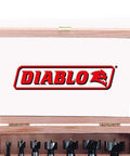 Wooden case open displaying a High Speed Steel Forstner Bit Drill Set For Precise Clean Holes In Any Wood Type Ideal For Pro Woodworking Projects One Quarter Inch To One Inch Diameter Bits With One Quarter To Three Eighths Inch Shank Three And A Half Inch Length Seven Piece Set, with Diablo logo on lid.