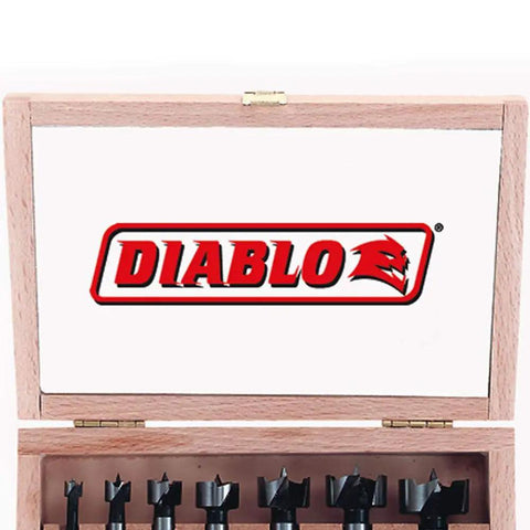 Wooden case open displaying a High Speed Steel Forstner Bit Drill Set For Precise Clean Holes In Any Wood Type Ideal For Pro Woodworking Projects One Quarter Inch To One Inch Diameter Bits With One Quarter To Three Eighths Inch Shank Three And A Half Inch Length Seven Piece Set, with Diablo logo on lid.