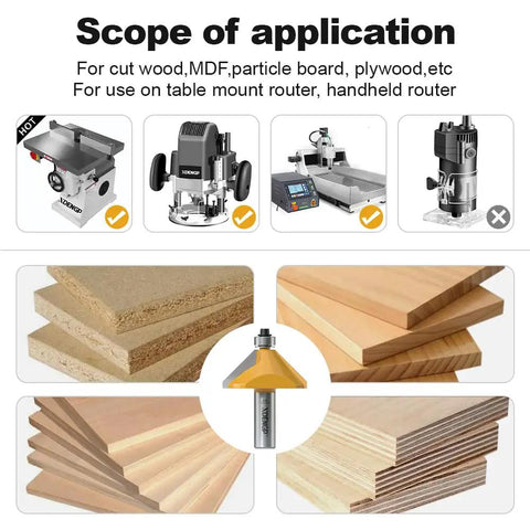 45 Degree Chamfer Router Bit With Three Quarter Inch Cutting Length And One Half Inch Shank Carbide Edge Bevel Bit With Bearing for woodworking