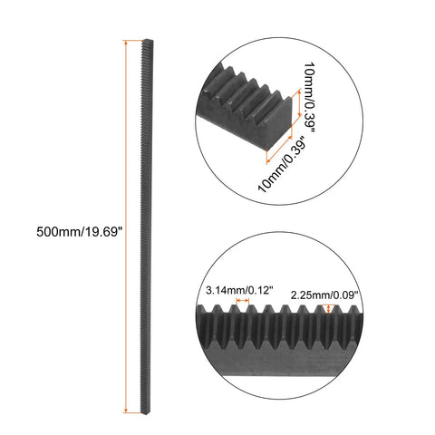 One Mod Gear Rack For Machines And Auto Builds 500mm Long 10x10mm Straight Linear Spur Rack Made From 45 Steel Built Tough For CNC DIY And Industrial Projects. 500mm straight 45# steel gear rack, 10x10mm, 3.14mm pitch, 2.25mm tooth depth