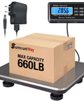 Beefy 660 Pound Postal Shipping Scale with 14 by 12 inch stainless platform, LCD display, and package on the scale
