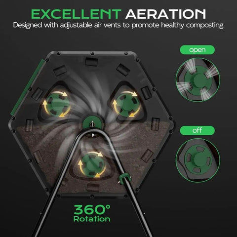 Top view of Heavy Duty 45 Gallon Plastic Compost Bin With Dual Chamber Rotating Tumbler showing adjustable air vents and rotation feature.