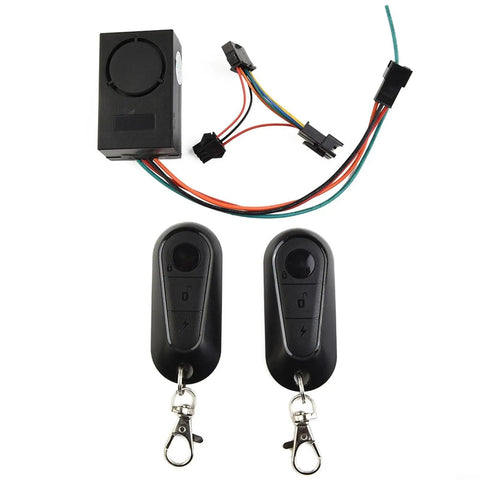 Kick The Theft Away With This Banger E Bike Alarm For 36 To 72 Volts Scooters Featuring Loud Dual Switch Security And Serious Anti Theft Protection To Keep Your Ride Safe And Sound While You Chill Out. black e-bike alarm unit with two key fobs and wiring