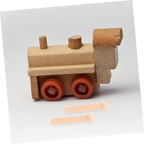 Solid Wood 20 Piece Miniature Nails Set For Crafts And Model Building with wood train and tiny pins displayed