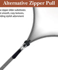 Close-up of a black leather zipper pull attached to a zipper, part of the Eight Piece Black Leather Zipper Pull Replacement Set For Luggage Suitcases And Handbags Easy Install No Tools Needed 7cm Pulls Durable Travel Gear Upgrade.