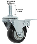 Heavy Duty 2 Inch Polyurethane Swivel Caster Wheels With Locking Brake Set Of 4 Black Threaded Stem Casters Five Sixteenths Inch Stem 1 Inch Long side view with measurements highlighted