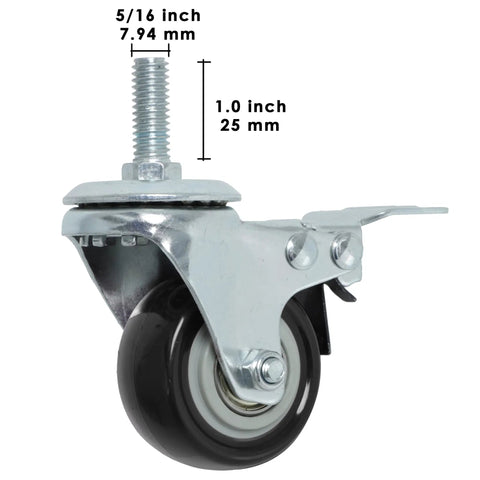 Heavy Duty 2 Inch Polyurethane Swivel Caster Wheels With Locking Brake Set Of 4 Black Threaded Stem Casters Five Sixteenths Inch Stem 1 Inch Long side view with measurements highlighted