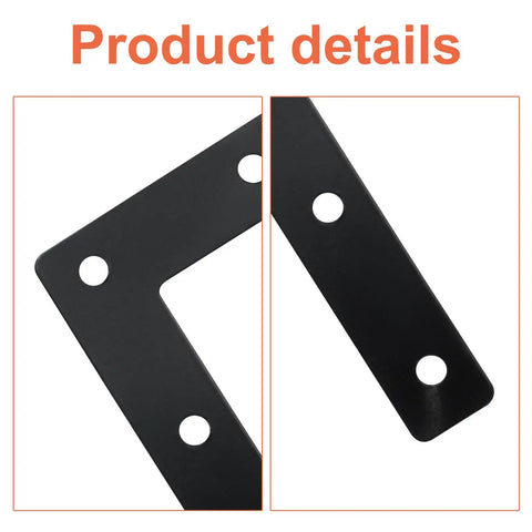 Close-up of Stainless Steel L Shape Flat Mending Plates Set Of 10 With Screws 80x80mm Corner Braces for wood furniture, black, holes visible