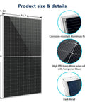 Heavy Hitter 6 Pack 560 Watt Bifacial Solar Panels Monocrystalline PERC showing size 44.7in x 89.8in with aluminum frame and solar cells.