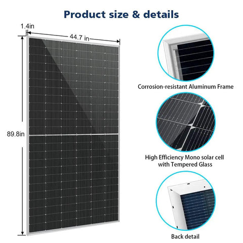 Heavy Hitter 6 Pack 560 Watt Bifacial Solar Panels Monocrystalline PERC showing size 44.7in x 89.8in with aluminum frame and solar cells.