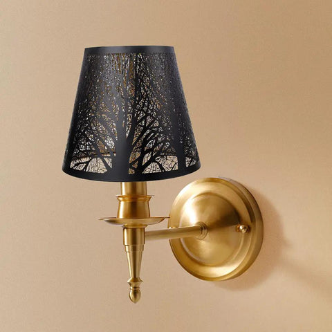 Double Pack Clip On Lampshades For Candelabra Bulbs, Barrel Metal Lampshade With Tree Pattern In Black And Gold, 5x8x7 Inches, on wall