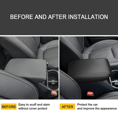 Before and after using Center Console Cover for Subaru Forester 2019 2025 Armrest Protector with Black Stitching