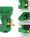 Hand Held Seed Spreader With 5 Gear Adjust 1.5L Capacity Easy One Handed Sowing Tool For Gardens And Lawns Even Fertilizer And Seed Distribution While You Walk No Bending Required DIY Planting showing adjustment controls