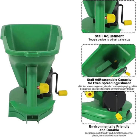 Hand Held Seed Spreader With 5 Gear Adjust 1.5L Capacity Easy One Handed Sowing Tool For Gardens And Lawns Even Fertilizer And Seed Distribution While You Walk No Bending Required DIY Planting showing adjustment controls