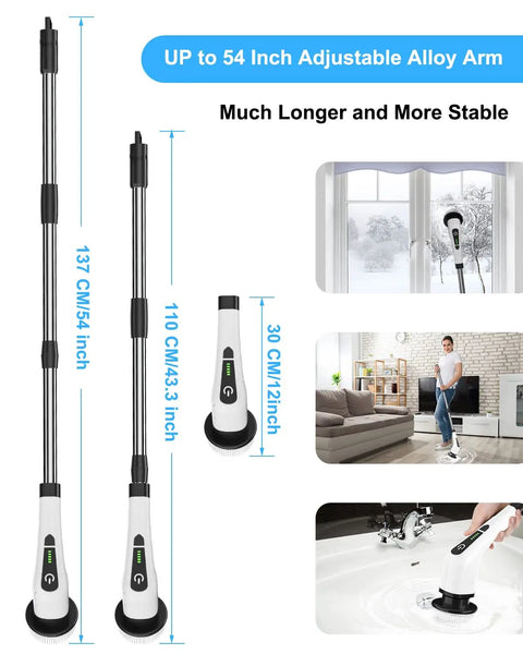 Cordless Electric Spin Scrubber With 8 Replaceable Heads, 54-inch Detachable Handle displayed in various home settings