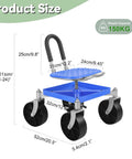 Height Adjustable Gardening Rolling Seat With 360 Degree Swivel And Tool Tray Comfortable On Wheels Stool For Back Saving Work In The Garden Ideal For Gardeners And Seniors Blue shown with dimensions and weight capacity.