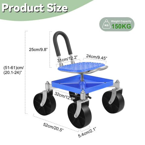 Height Adjustable Gardening Rolling Seat With 360 Degree Swivel And Tool Tray Comfortable On Wheels Stool For Back Saving Work In The Garden Ideal For Gardeners And Seniors Blue shown with dimensions and weight capacity.