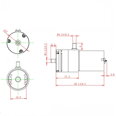 Diagram of Heavy Duty 12V DC Mini Air Pump with precise dimensions and port details for home gear or medical tools.