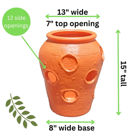 Strawberry Jar Planter With Twelve Side Openings For Herbs Flowers And Succulents Durable Lightweight Terra Cotta Colored Plastic Garden Container For Patio Balcony Backyard Deck Outdoor Or Indoor Use, dimensions labeled
