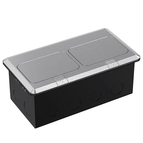 Dual Pop Up Floor Box Kit with 20A Tamper Resistant Duplex Outlet and 3 Port RJ45 Datacom Receptacle in brushed nickel closed view