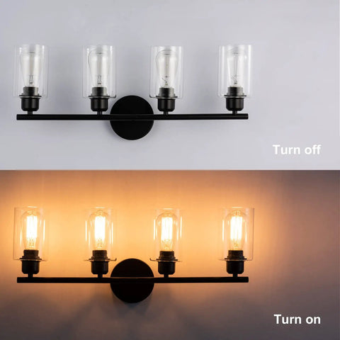4-Light Modern Black Bathroom Vanity Light With Clear Glass Shades, Industrial Farmhouse Vintage Wall Sconce for Dressing Table, illuminated and off view, 24 Inch Long Vanity Lighting Fixture.