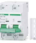 Beefy Heavy Duty 2 Pole 125A DC Circuit Breaker 12V to 110V DC Thermal Magnetic Trip DIN Rail Mount shown with mounting kit.