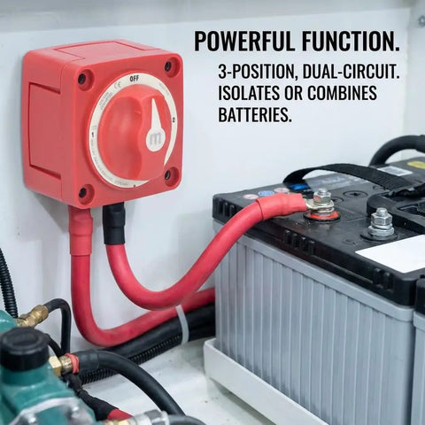 300A 3 Position Battery Switch For Marine And RV Power Disconnect Isolator With Dual Circuit Control next to battery