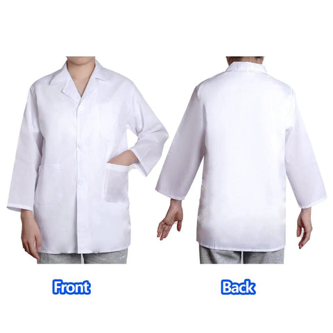 Front and back view of Kids Doctor Scientist Costume Kit With Lab Coat Goggles ID Card Magnifying Glass For Halloween Dress Up Blue XS Durable Polyester Cotton Realistic Lab Gear For Curious Little Scientists Kid Friendly