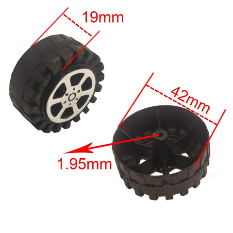 DIY Toy RC Car Boat Helicopter Wheel And Axle Kit, 42mm black wheels, 19mm width, fits 2mm shaft toys, shown with dimensions