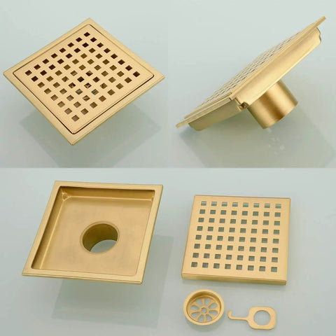 Six Inch Stainless Steel Square Shower Floor Drain With Threaded Adapter And Removable Cover Grid In Brushed Gold Finish